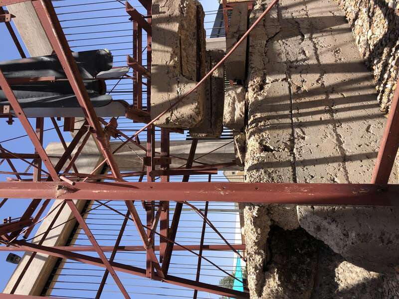 Photo of original launch tower of Dr. Goddard’s rockets, located outside the Roswell NM History Museum.  Blast deflector located under rocket engine.