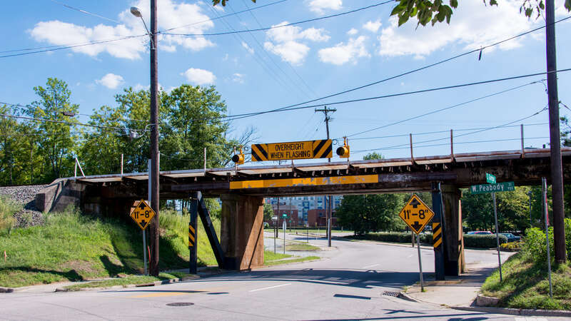 The famous Gregson Street Guillotine. Built-in 1940, the Norfolk Southern-Gregson Street Overpass is located at the Gregson and Peabody intersection, in downtown Durham, North Carolina; it is famous for being constantly being hit by trucks who ignore