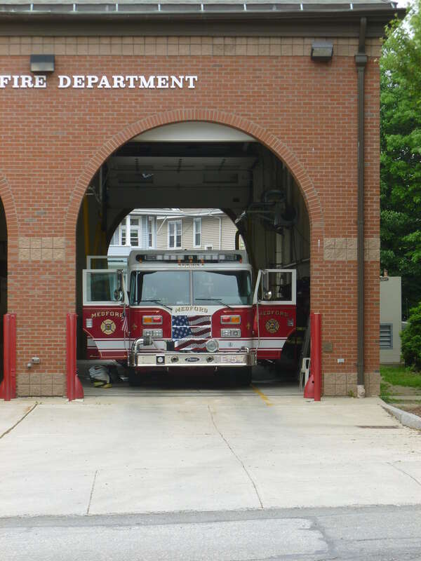 Engine 5 fire truck at the Medford Fire Department firehouse at 0 Medford Street, Medford, Massachusetts.