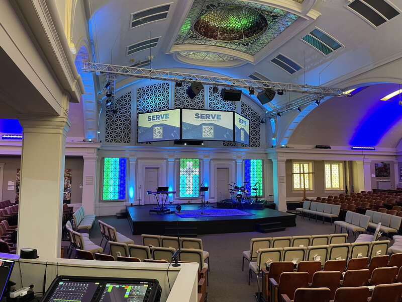 The sanctuary of Cornerstone Church - Heritage Hill Campus, built as First Church of Christ Scientist, in Grand Rapids, Michigan.