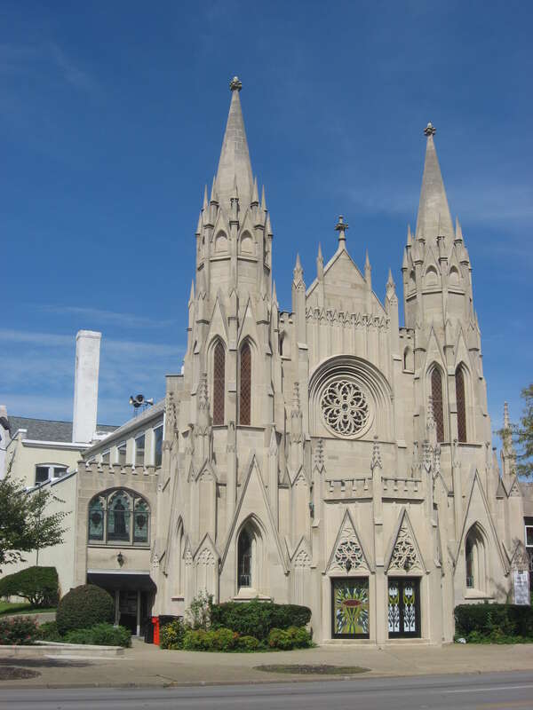 Front of First Lutheran Church, located at 417 E. Broadway (U.S. Route 150) in downtown Louisville, Kentucky, United States.  Built in 1874, it is listed on the National Register of Historic Places.
