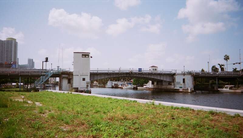 The old First Street Bridge, in Miami, Florida, was a 1929 double-leaf bascule bridge that carried Southwest First Street across the Miami River. It was replaced by a new bridge of the same type in 2021. This view is from the north.