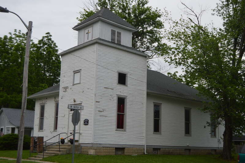 Front and western side of Bethel African Methodist Episcopal Church, located at 499 W. Madison Street in Franklin, Indiana, United States.  Built in 1911, it is listed on the National Register of Historic Places.