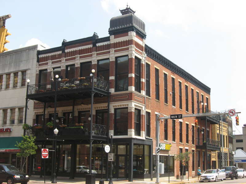 Front and southwestern side of the German Bank, located at 301-303 Main Street in Evansville, Indiana, United States.  Built in 1857, it is listed on the National Register of Historic Places.
