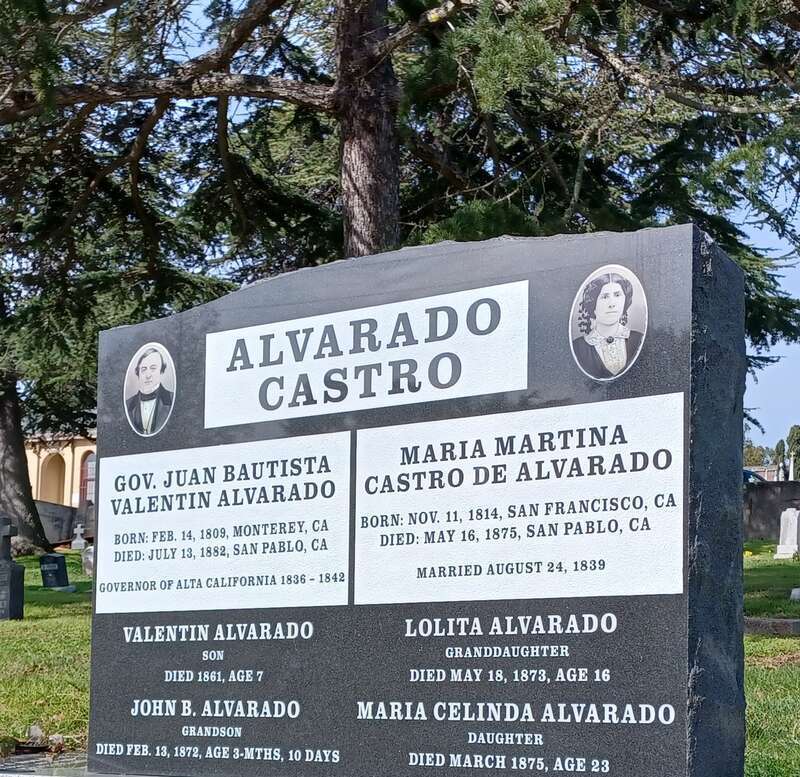 Grave of Juan Bautista Valentín Alvarado, governor of Alta California, at Saint Mary Cemetery (Oakland, California).