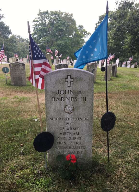 The gravestone of John A. Barnes III on Veteran's Hill at Brookdale Cemetery in Dedham, Massachusetts