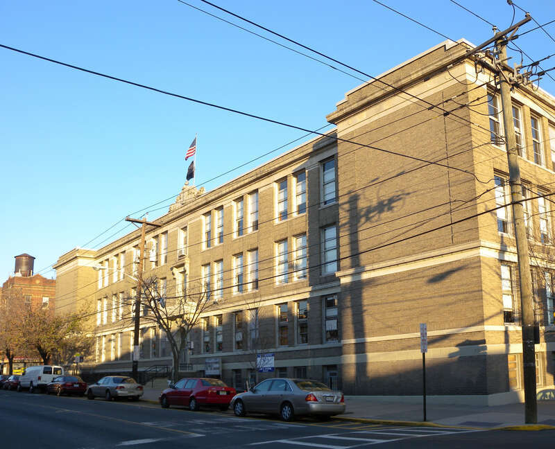 Looking northeast at Harry Bain School in West New York on a sunny afternoon.