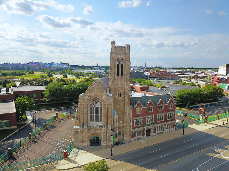 Drone shot of Historic Trinity Lutheran Church, Detroit