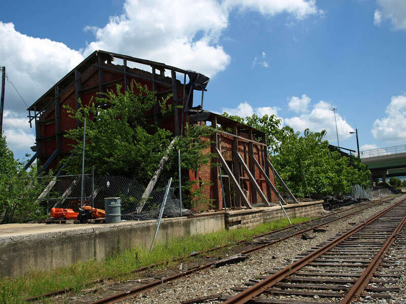 The old Memphis &amp;amp; Charleston Freight Depot at the Huntsville Depot in Huntsville, Alabama, listed on the Alabama Register of Landmarks and Heritage.