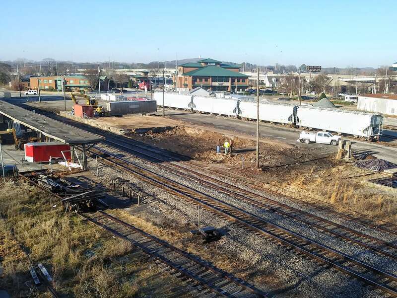 After burning in the early morning hours of March 11, 2004 the Huntsville Depot Freight building built in 1856 and sometimes described as the oldest operating railroad building in America, was proped up with hopes of renovation. A number of