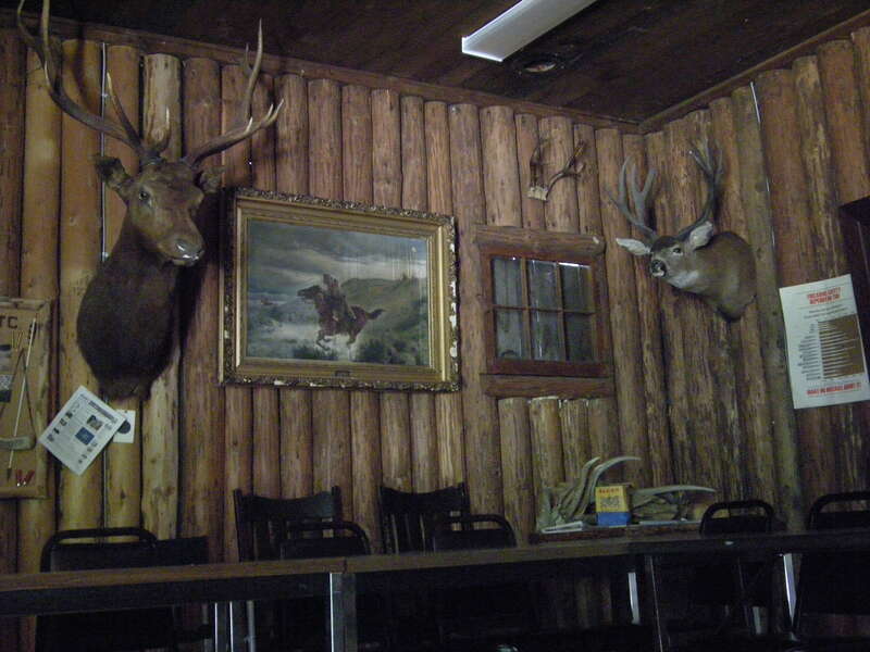 Interior, Issaquah Sportsmen's Club lodge, Issaquah, Washington. The building was built by the Works Progress Administration (WPA) in 1937. It is listed on the National Register of Historic Places and as a King County landmark.