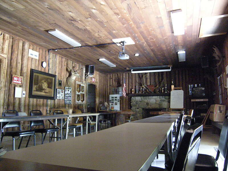Interior, Issaquah Sportsmen's Club lodge, Issaquah, Washington. The building was built by the Works Progress Administration (WPA) in 1937. It is listed on the National Register of Historic Places and as a King County landmark.