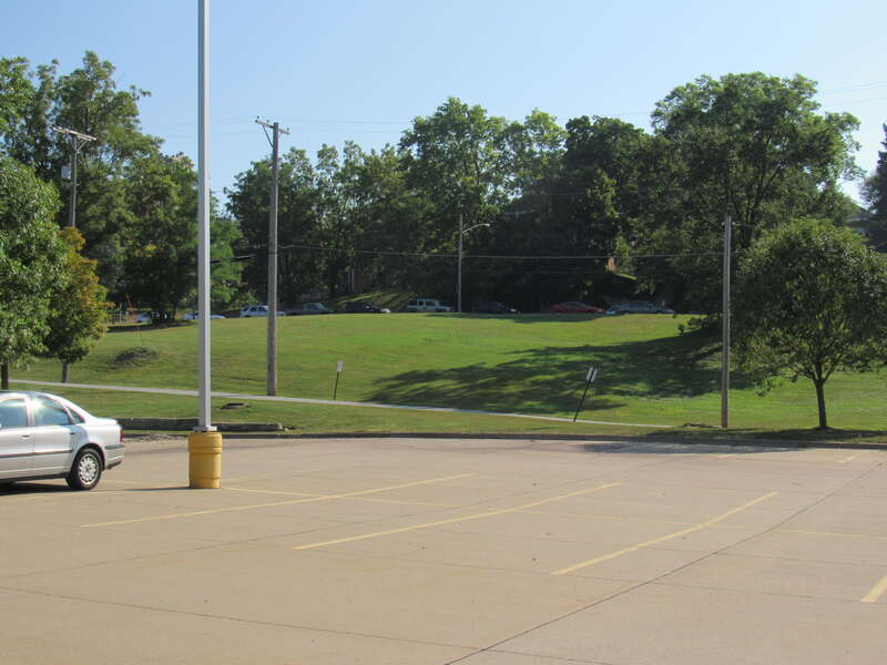 The location of the former Jacob Goering House in Davenport, Iowa is somewhere in this parking lot.  It was listed on the National Register of Historic Places.