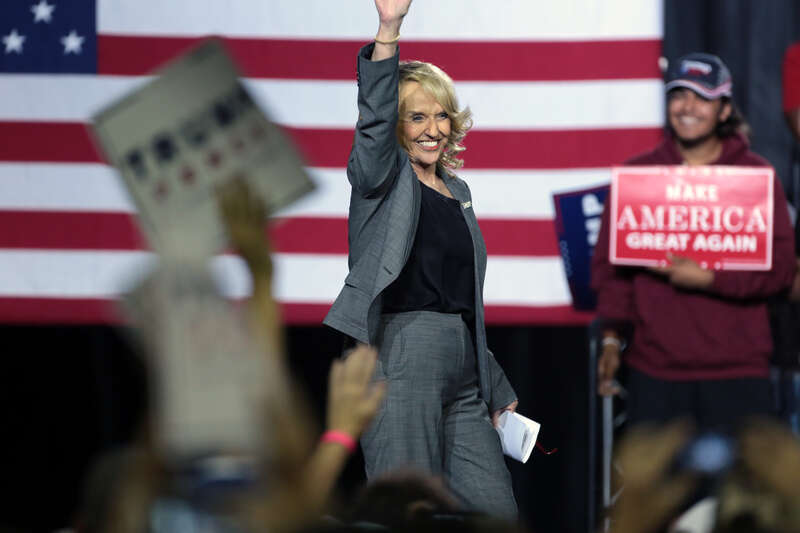 Former Governor Jan Brewer speaking with supporters at a campaign rally for Donald Trump at the Prescott Valley Event Center in Prescott Valley, Arizona.

Please attribute to Gage Skidmore if used elsewhere.