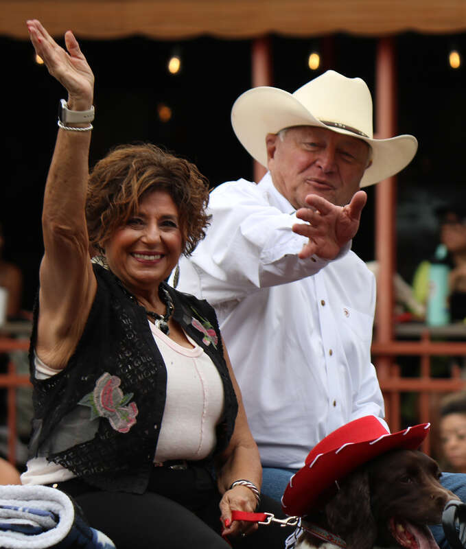 Jan Pullin (left) and Pueblo Mayor Nicholas A. Gradisar riding in the 2023 Colorado State Fair parade in Pueblo, Colorado on August 26, 2023.