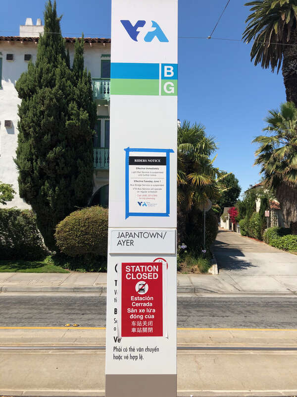 A “Station Closed” sign in English, Spanish, Vietnamese, Simplified Chinese, and Traditional Chinese at the Japantown/Ayer station in San Jose, California, in June 2021. The entire VTA light rail system was suspended indefinitely following a mass