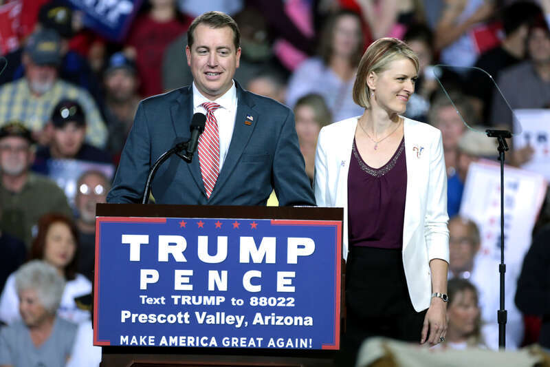 State Treasurer Jeff DeWit, and his wife Marina, speaking with supporters at a campaign rally for Donald Trump at the Prescott Valley Event Center in Prescott Valley, Arizona.

Please attribute to Gage Skidmore if used elsewhere.