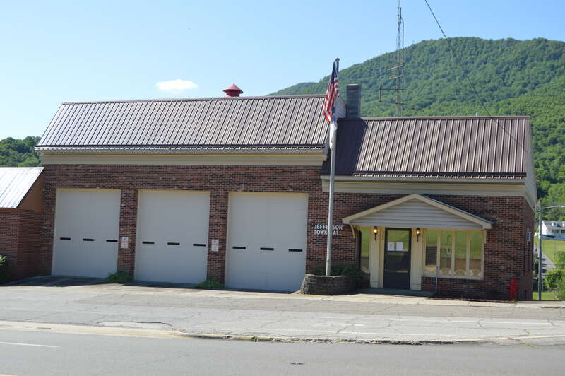 Front of the Jefferson town hall, located at 302 E. Main Street (North Carolina Highway 88) in Jefferson, North Carolina, United States.