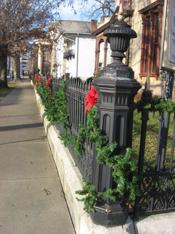 Cast iron fence along the front of the John Augustus Reitz House, located at 224 SE. First Street in Evansville, Indiana, United States.  Built in 1872, the house is listed on the National Register of Historic Places, and it is part of a