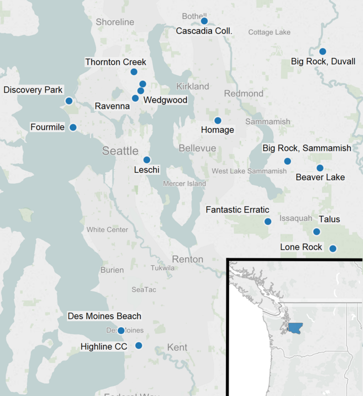 Map of glacial erratics in King County, Washington. Made with Tableau