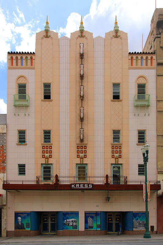 The Mesa Street entrance to the former Kress Building in El Paso, Texas, United States. The Art Deco style building was built in 1938 and listed on the National Register of Historic Places on October 17, 2022.