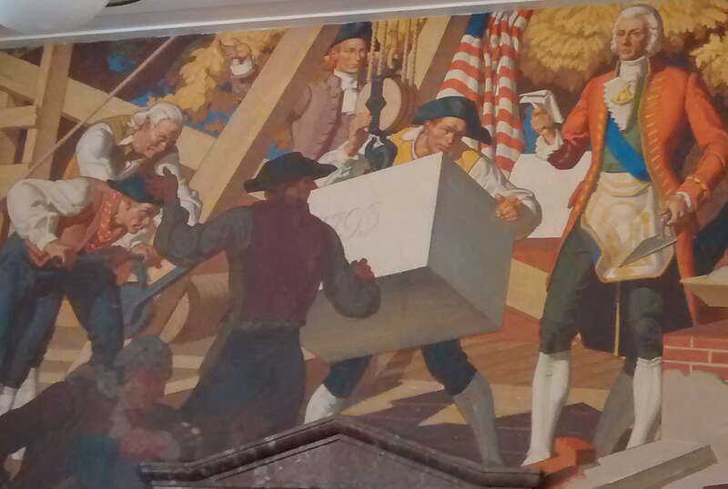 The mural Laying the Cornerstone of Old East by Dean Cornwell, inside the Chapel Hill Post Office. One of the murals of Chapel Hill.