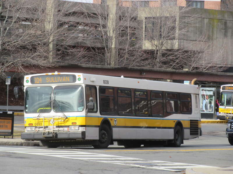MBTA route 104 bus leaving Malden Center station in January 2017