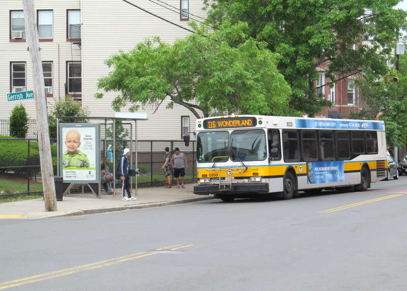 MBTA route 116 bus on Broadway at Gerrish Avenue in Chelsea in June 2017