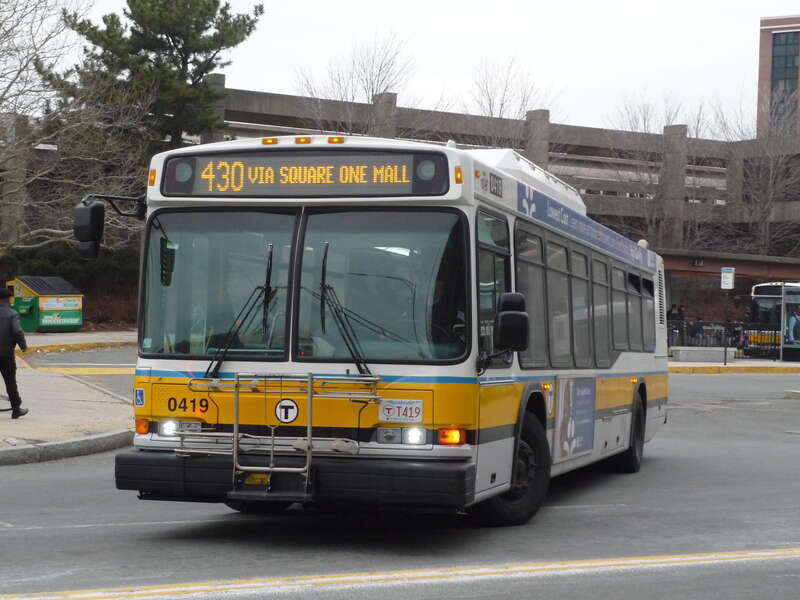 Neoplan AN440LF #0419 on route 430 at Malden Center in March 2016