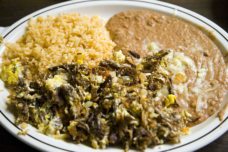 Mexican dried shredded beef (carne seca) cooked with eggs, onions and chile peppers La Imperial Restaurant