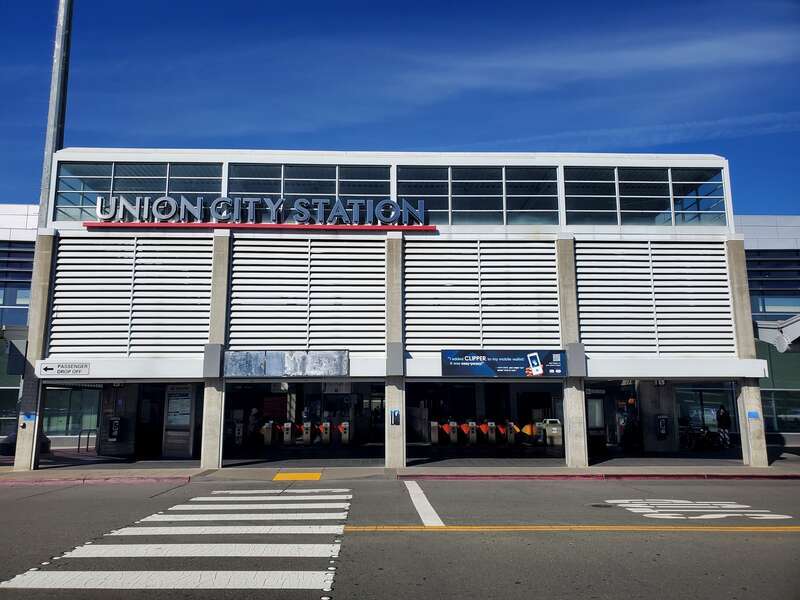 The main entrance to Union City station in April 2024
