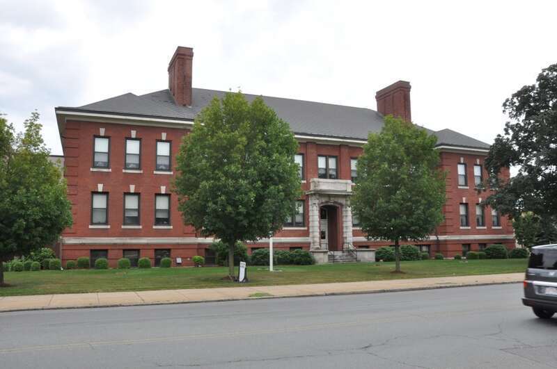 A photograph of the historic Marcia Browne Junior High School in Malden, Massachusetts.