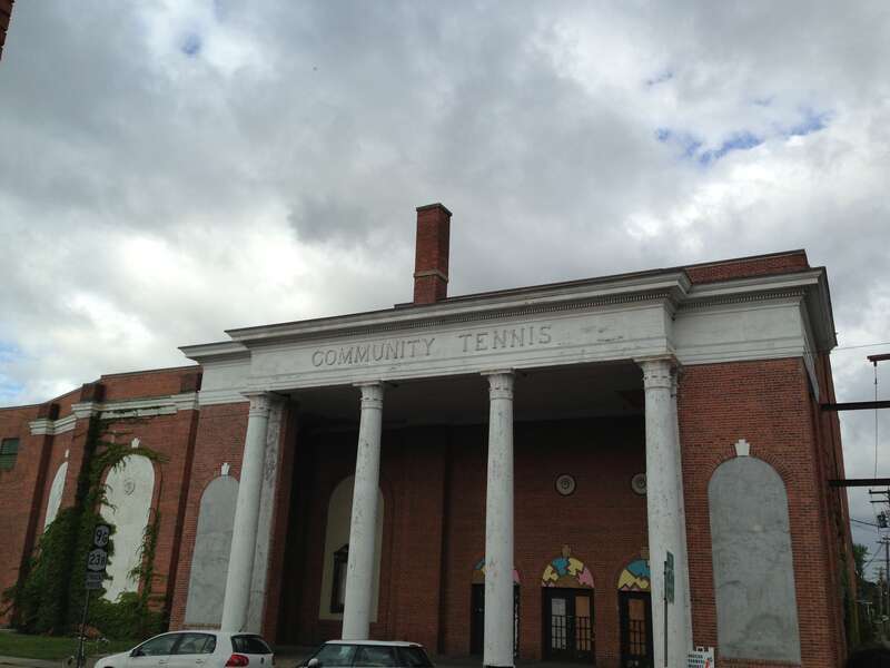 This is the exterior of the proposed site of the Marina Abramovic Institute in Hudson,NY. Formerly a theatre, it more recently has housed tennis courts.