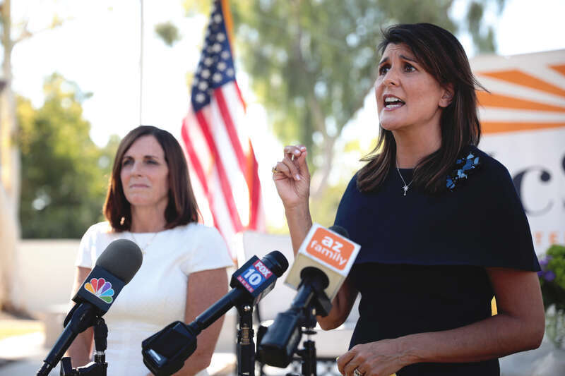 U.S. Senator Martha McSally and former United Nations Ambassador Nikki Haley speaking with the media after a campaign event at a home in Scottsdale, Arizona.

Please attribute to Gage Skidmore if used elsewhere.