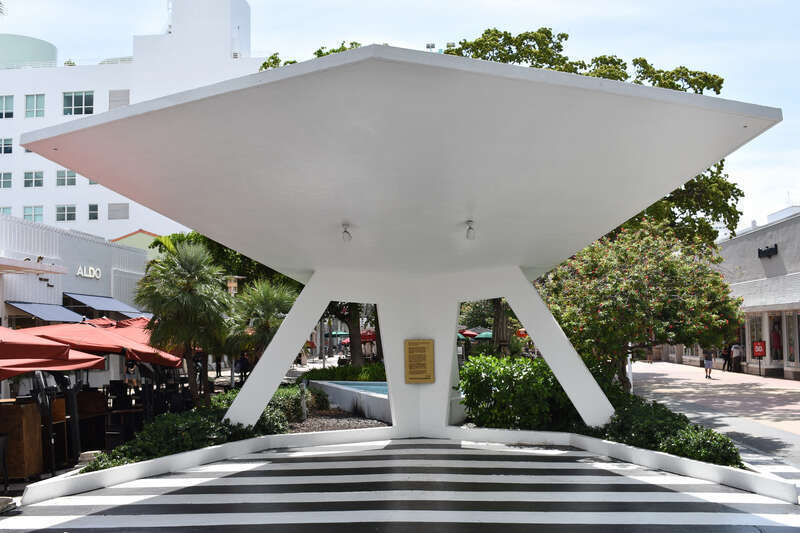 A shade structure and landscaping designed by Morris Lapidus on Lincoln Road Mall in Miami Beach.