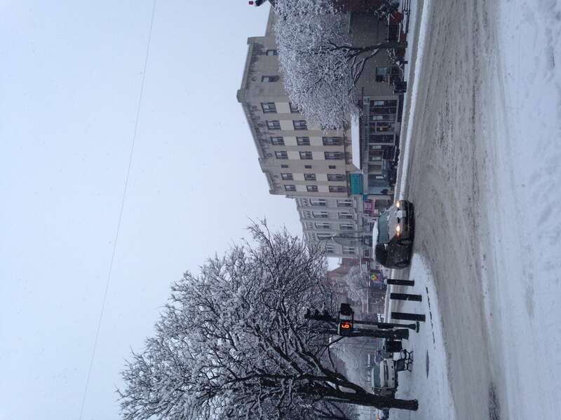 A winter view of the intersection of Main and Pearl streets in downtown Nashua, New Hampshire