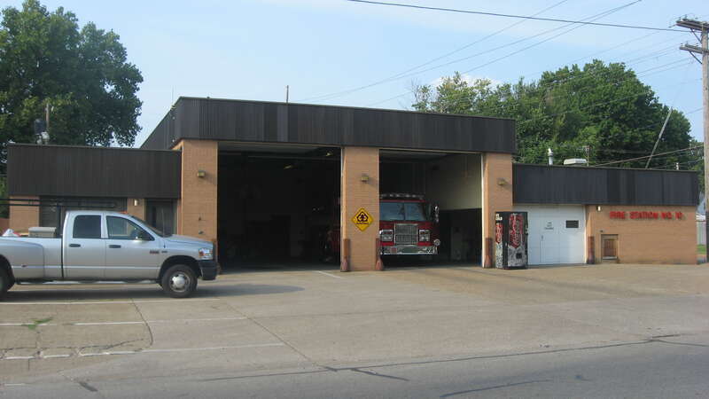 Front and western side of Fire Station No. 10, located at 119 E. Columbia Street in Evansville, Indiana, United States.  Built in 1977, it sits across the street from the old Hose House No. 10, which was built in 1888 and is listed on the National