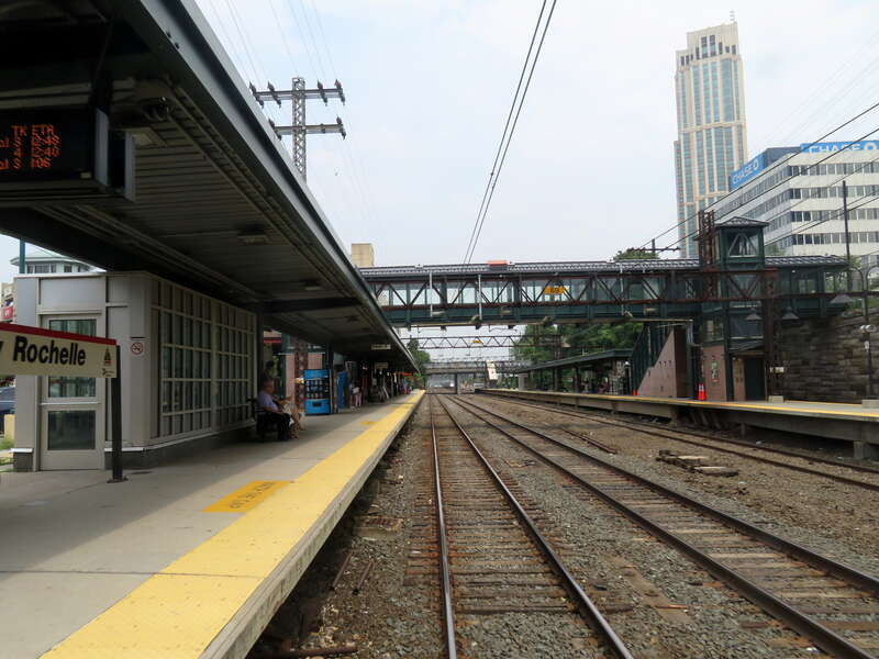 New Rochelle station viewed from the rear of a Grand Central-bound New Haven Line train in July 2019