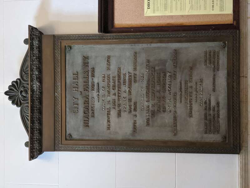 Plaque in the foyer of Niagara Falls City Hall in 2020