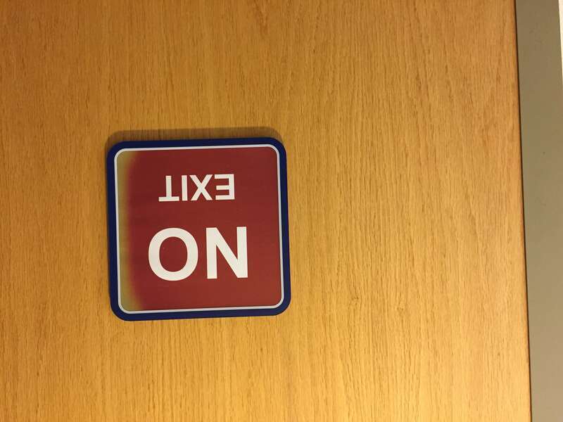 This no exit sign is displayed in a Southern, New Hampshire hospital.