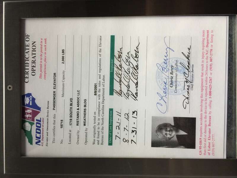 North Carolina Department of Labor elevator certificate of operation