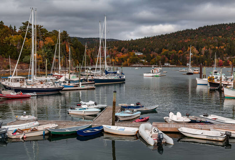 Fall colors at Northeast Harbor on Mt. Desert Island in Maine.