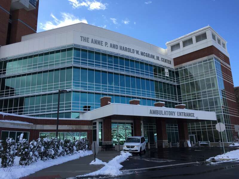 Norwalk Hospital in Norwalk, CT, new entrance on a snowy day