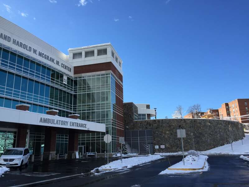 Norwalk Hospital in Norwalk, CT, new entrance on a snowy day