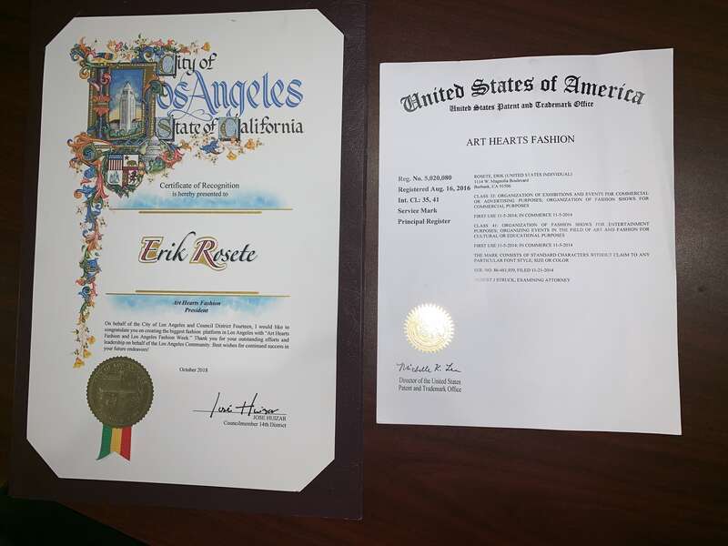 Certificate of Recognization From the City of Los Angeles Art Hearts Fashion is the Largest Los Angeles Fashion Week Platform