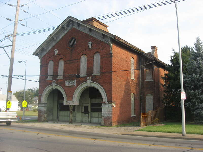 Front and western side of the old Hose House No. 10, located at 119 E. Columbia Street in Evansville, Indiana, United States.  Built in 1888, it is listed on the National Register of Historic Places.