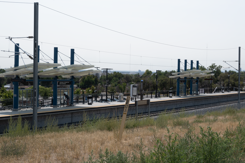 Original Thornton &amp;amp; 88th RTD station viewed from northwest. Elements of the RTD Park &amp;amp; Ride parking lot are visible in background.