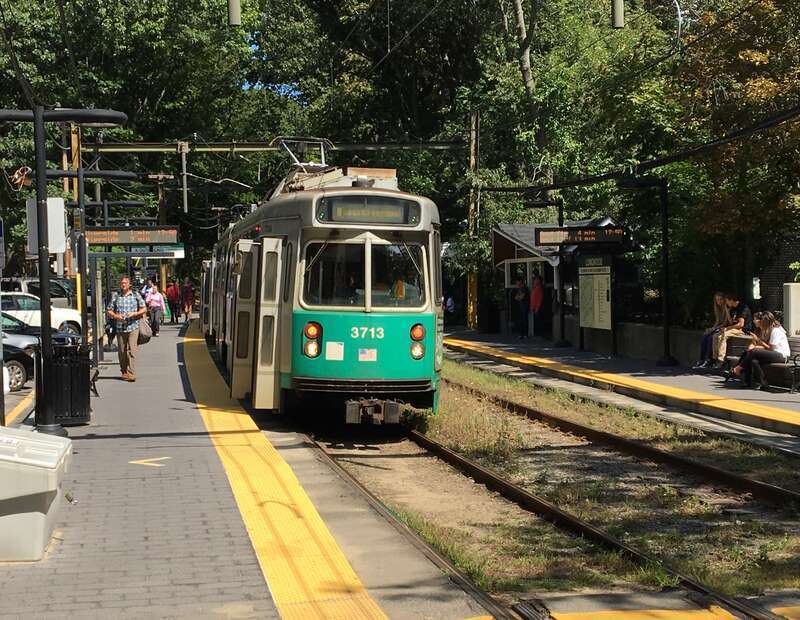An outbound train at Longwood station in September 2017