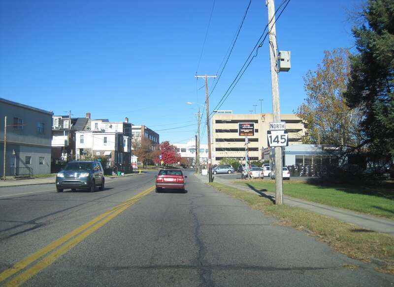 Photo of northbound Pennsylvania Route 145 (5th Street) in Allentown, Pennsylvania. Photo taken looking north-northwest between Susquehanna Street / 5th Street and Rye Street.