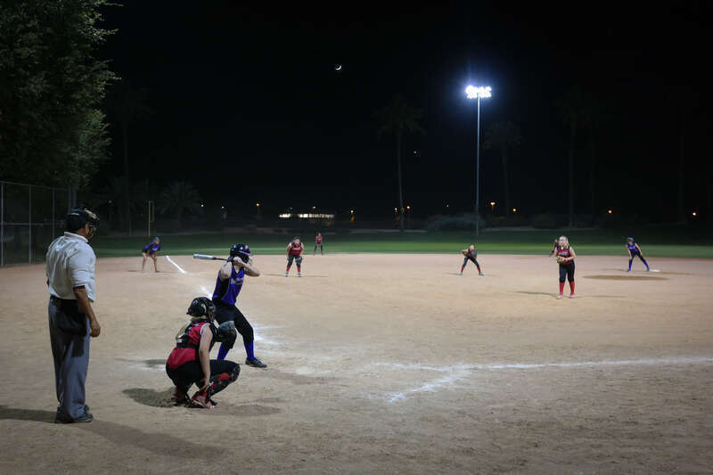 Red vs Blue in Palm Desert Softball, part of the Palm Desert Youth Sports Association, in Palm Desert, California